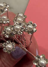 Small Pearl Silver Rhinestones Flower Hair pins: New, Set of 15