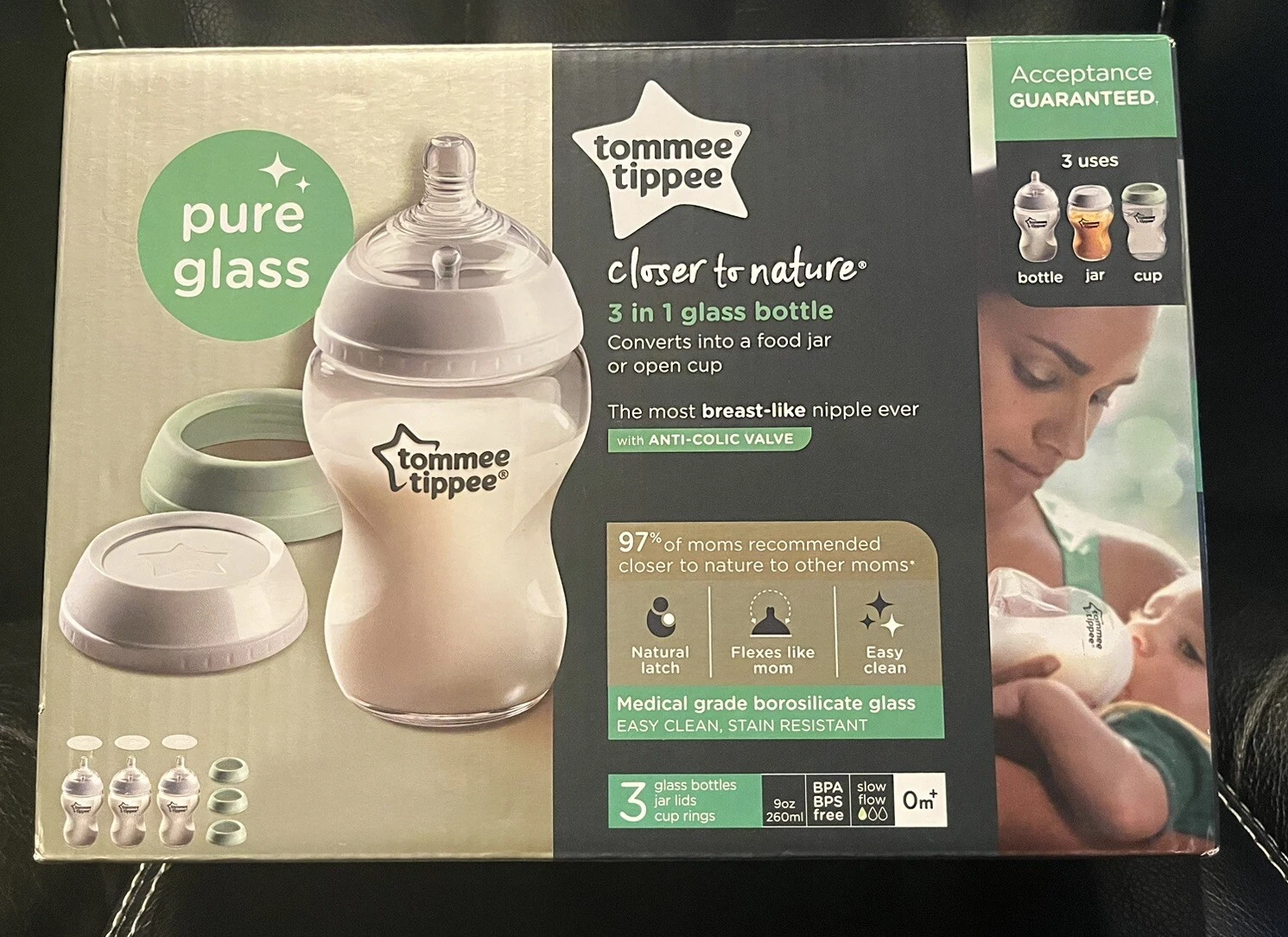Tommee Tippee 3 Pack Closer to Nature 3 in 1 Convertible Glass Bottles 9 oz NEW