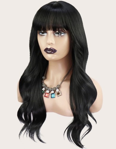Perruque Synthétique Noire Longue Avec Frange Et Boucles - Bonnet Moyen Offert, Neuve Sans étiquettes, Style Naturel
