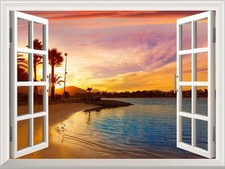 Wall Mural - Tropical Beach View at Sunset  Window View Wall Decor - 36"x48"