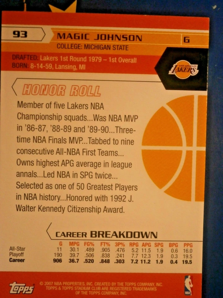 MAGIC JOHNSON  #93   2007/08 TOPPS STADIUM CLUB - Image 2 of 2