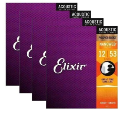 4x Elixir 16052 Akustikgitarrensaiten Phosphor Bronze Nanoweb Light 12-53 Saiten