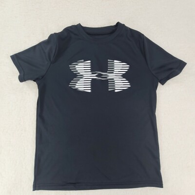Under Armour Shirt Boys Small Black Athletic Short Sleeve Tshirt Gray Logo  Youth