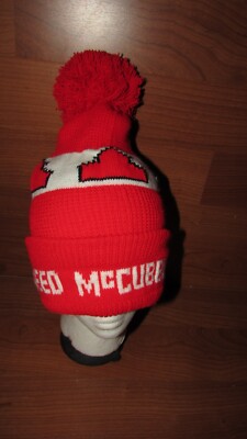 Vintage McCubbin Seed red and white farming pom pom beanie