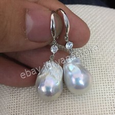 Riesige 18-20mm Natürlich Weiß Süßwasser Barock Perle Baumelnd Haken Ohrringe