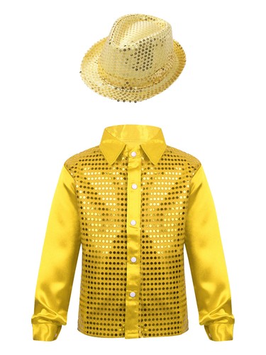 Kids Boys Shirt with Hat for Dance Glittery Sequin Long Sleeve Lapel Collar - Picture 18 of 63