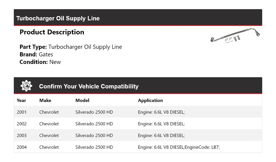 Ворота линии подачи масла турбокомпрессора для Chevrolet Silverado 2500 HD 2001-2004 годов выпуска - Изображение 2 из 3