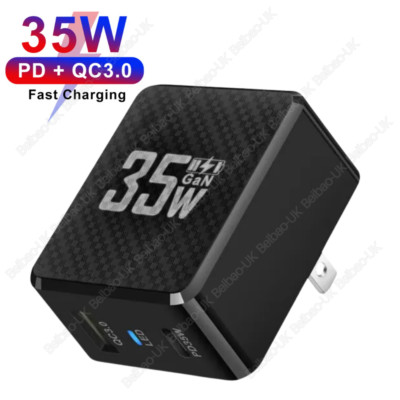 35W PD USB C Adapter 2-Port QC 3.0 GaN Fast Charging For iPhone 14/iPad/Samsung