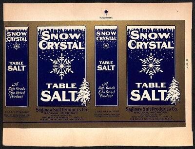 Snow Crystal Brand Table Salt Paper Label 1931 Saginaw Salt 