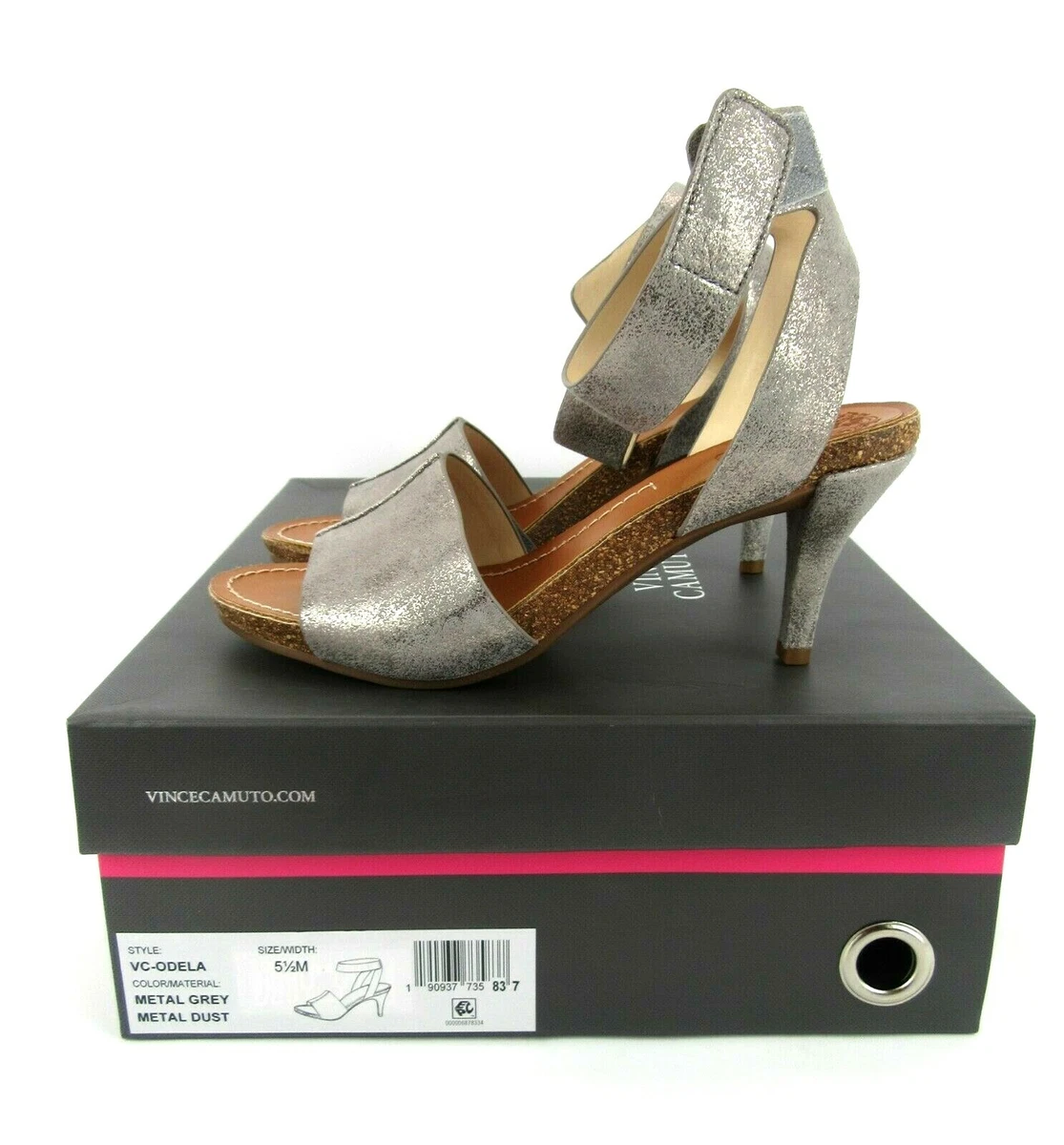VINCE CAMUTO Odela Women 5.5M Metal Dust Silver Leather Ankle Strap Heel Sandals