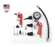 Metal Pistol Grip Tire Inflator w/ Analog Pressure Gauge & Blow Gun 15 Piece Kit