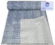 Indian Vintage Quilt Kantha Block Print Bedspread Cotton Blanket Ralli Gudari