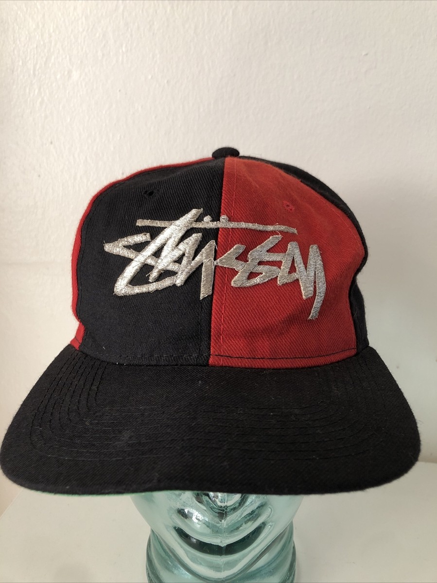 Vintage RARE 90s Color block Pinwheel Stussy Snapback Hat Red 