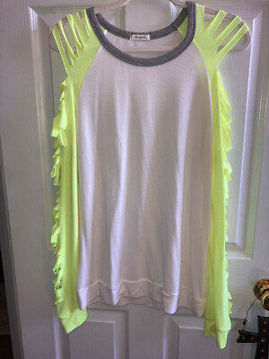12pm By Mon Ami Long Sleeve Tee Shirt Medium White with Yellow cutout sleeves