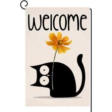 Welcome Black Cat Orange Cosmo Flower 12.5 x 18.8" Double Sided Garden Yard Flag