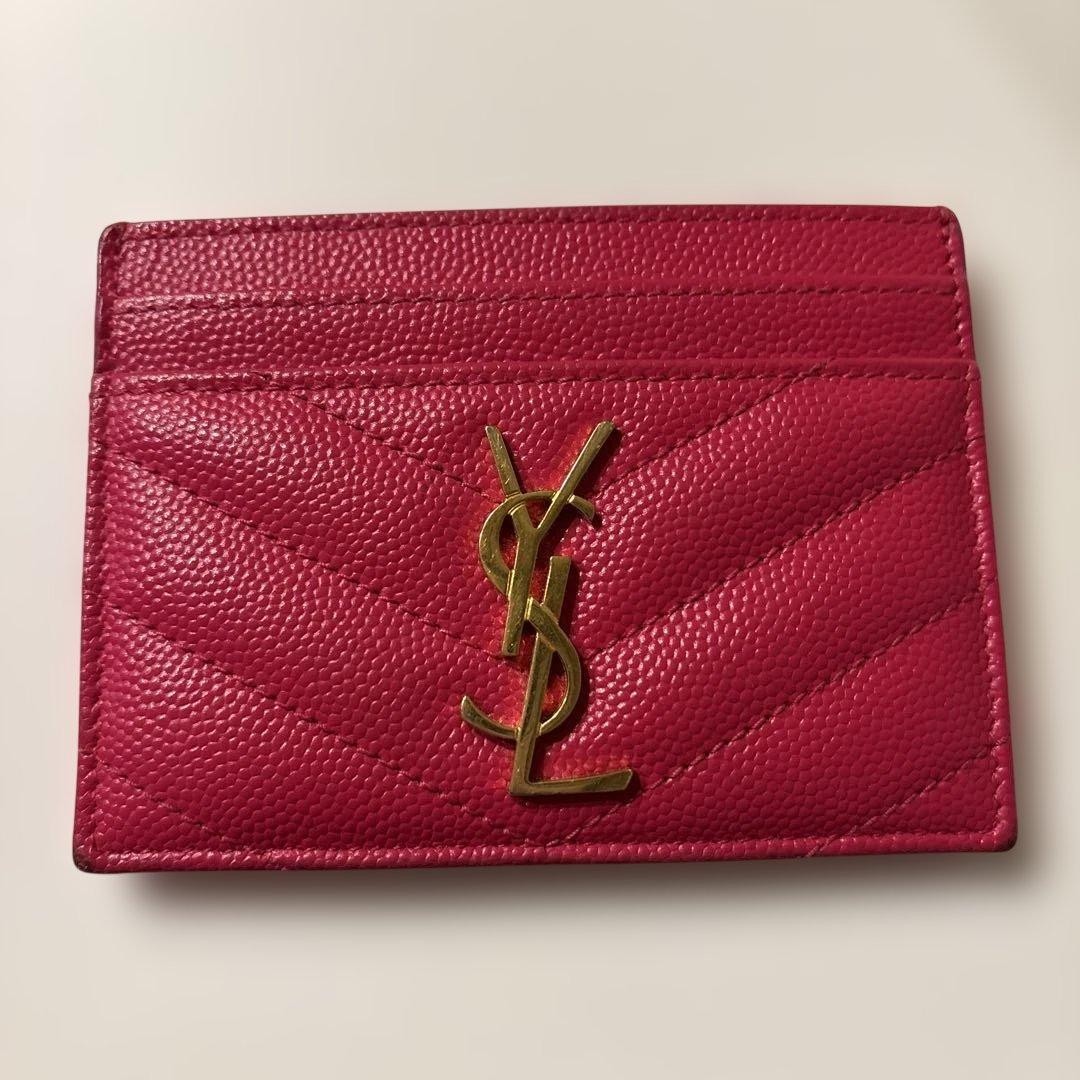YSL Saint Laurent Pink Logo V Stitch Card Case Holder Midori Used