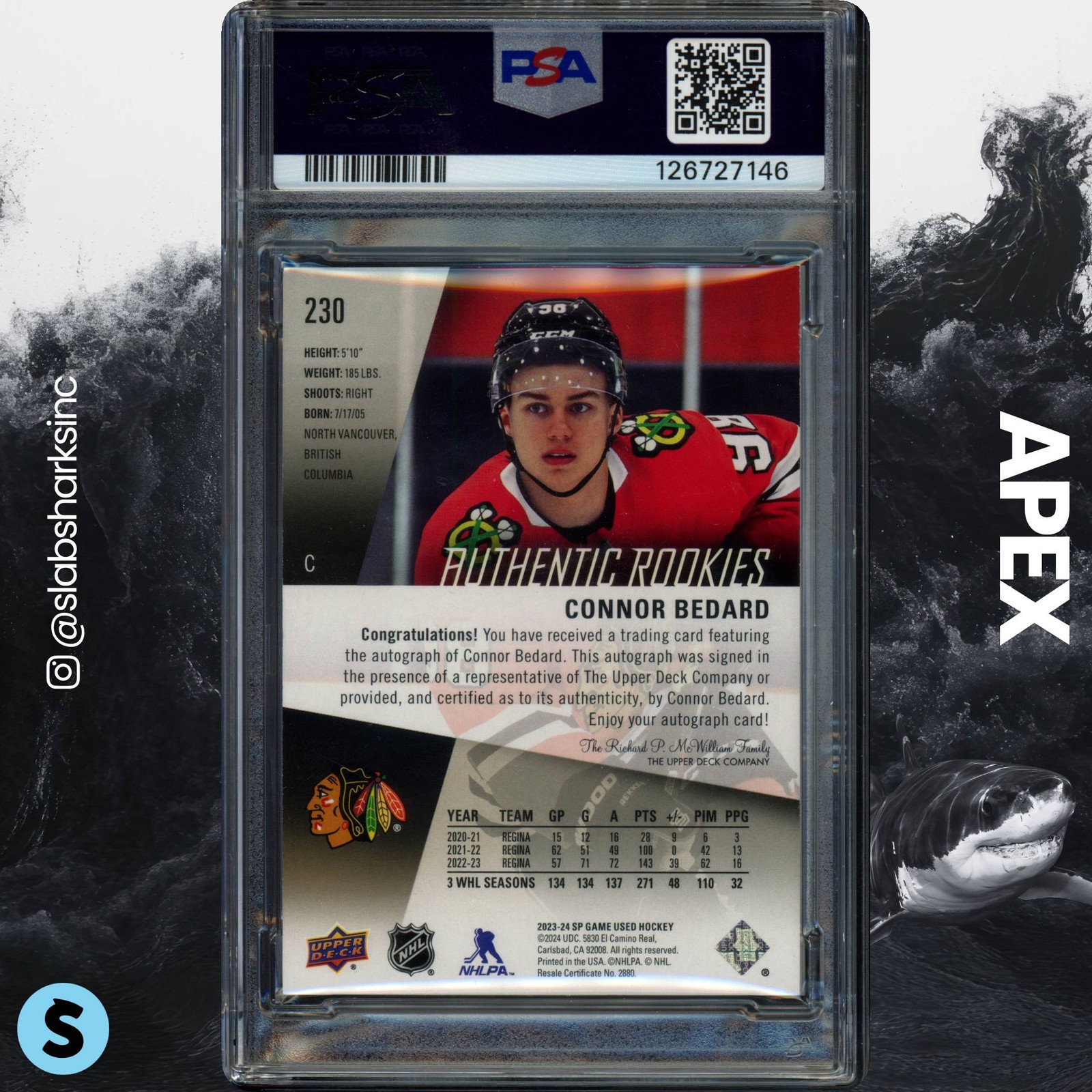 2023 UD SP GAME USED #230 CONNOR BEDARD ROOKIE PATCH AUTO RC /25 PSA 9 AUTO 10 view 2
