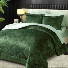 Comforter Set 7 Pieces Bed in a Bag Crushed Velvet Queen 7pcs-dark Green