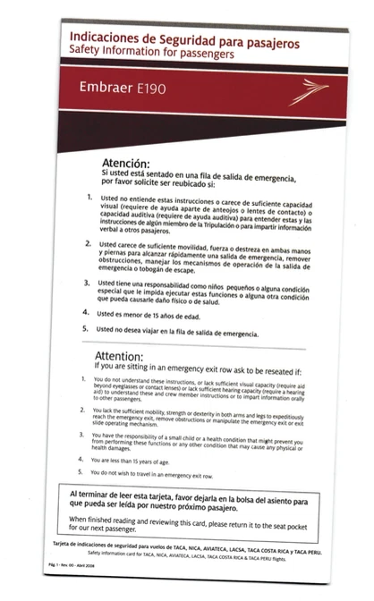 Safety card Grupo Taca Embraer E190 - Photo 1/1