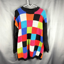 Vintage Marsh Landing 90s Colorful Patchwork Womens Sweater Ramie Med Tag Pic