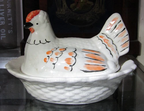 Antique Porcelain Hand Painted Hen On Nest Covered Dish