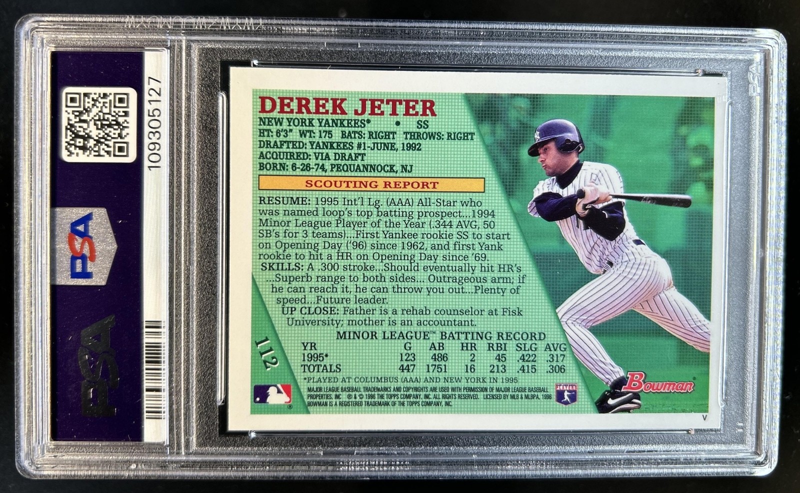 1996 Bowman Derek Jeter Foil #112 New York Yankees PSA 7 view 2
