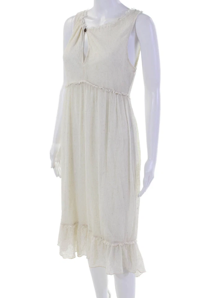 Vestido Ella Moss Feminino Creme Savannah Listrado Linha A Babado Bege Tamanho M - Imagem 2 de 4