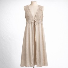 Crochet Lace 100% Linen Duster Dress Size M Tan Boho Festival Coastal Euro Beach