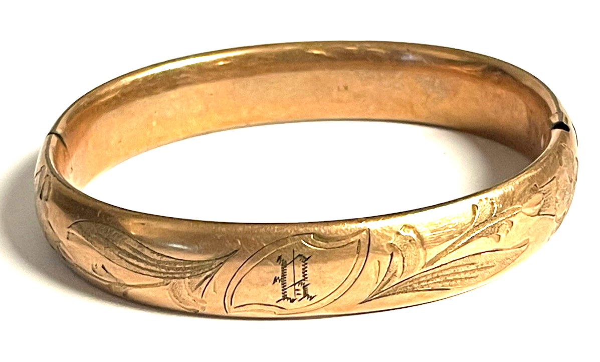 Antique Victorian Rose Gold Floral Etched Engraved Wide Bangle Bracelet