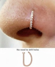 Rose Gold Fake Nose Ear Lip Ring Crystal Gem Surgical Steel Non Piercing