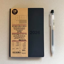 NEW MUJI 2026 Monthly/Weekly Planner - A6 size,  Black Dark Grey w FREE MUJI PEN