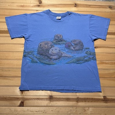 Vintage 90s Sea Otter Nature Animals Double Sided Graphic T-Shirt USA - Large