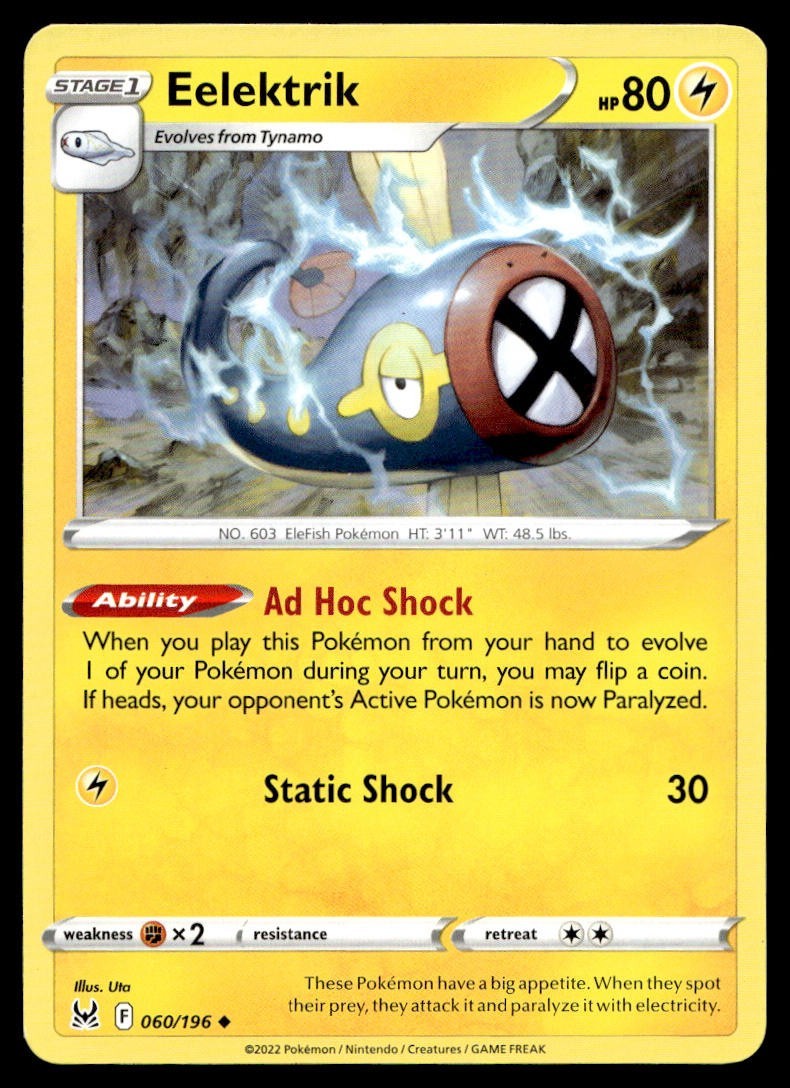 Eelektrik 60/196 Pokemon Card Lost Origin Uncommon 80 HP Lightly Played HO