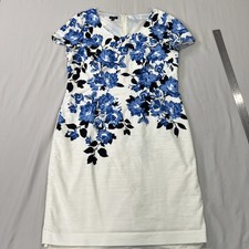 Talbots Floral Sheath Dress Womens 14 Blue Ivory Short Sleeve Lined Garden Party
