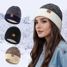 Unisex Beanie Hat Winter Warm Knitted Thermal, Woolly Cosy Fleece Lining