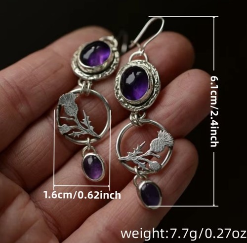 Celtic Silver Color  Scottish Thistle  Earrings with Light Purple Stones