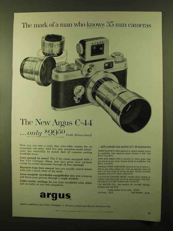 1957 Argus C-44 Camera Ad - The Mark of Man who Knows | eBay