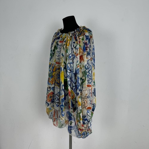 Dolce & Gabbana White Majolica Printed Silk Neck Tie Detail Top Blouse Size L - Picture 3 of 7