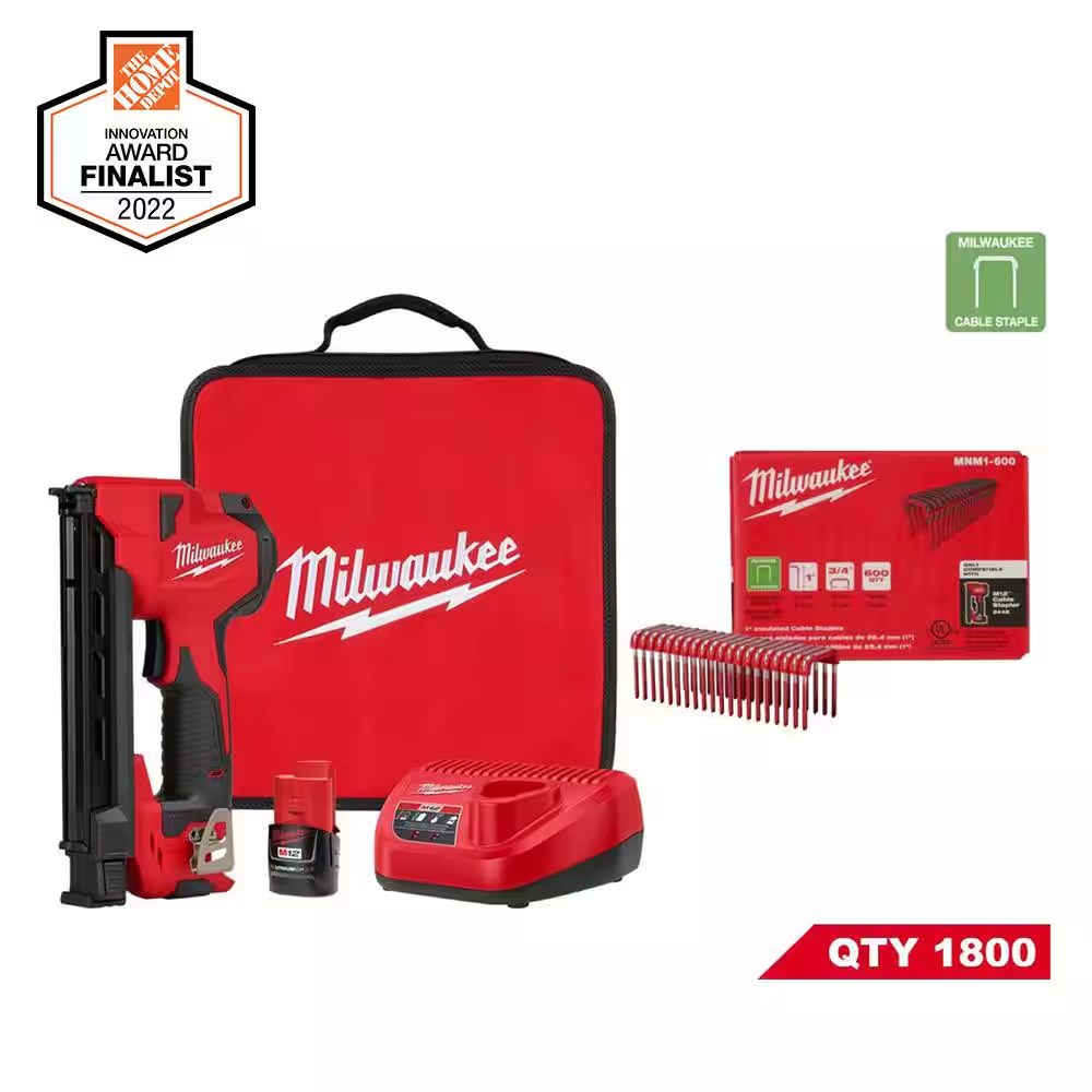 MILWAUKEE M12 Cordless Cable Stapler Kit with 2.0Ah Battery, Charger and Bag W/1-image