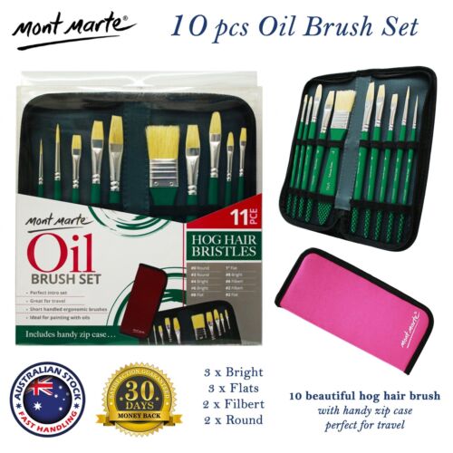 Mont Marte Oil Brush Set 11PCE in Wallet Hog Bristles Brushes Acrylic Painting  - Picture 1 of 6