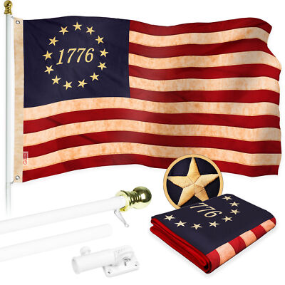 Combo: 5 Ft Flagpole White & 1776 Tea-Stained Flag 2x3 Ft Embroidered 420D Poly