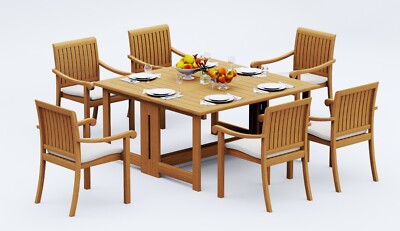 7-Piece Outdoor Teak Dining Set: 60'' Butterfly Table, 6 Stacking Arm Chairs Napa