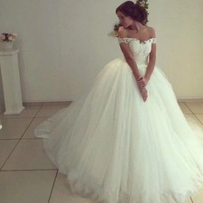 Elegant Tulle Ball Wedding Dresses Lace Applique Off Shoulder Bridal Gowns Train