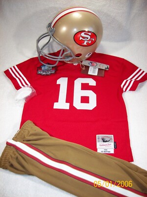 100% NWT YOUTH BOYS LARGE (7) 49ERS JOE MONTANA FOOTBALL JERSEY UNIFORM  HELMET