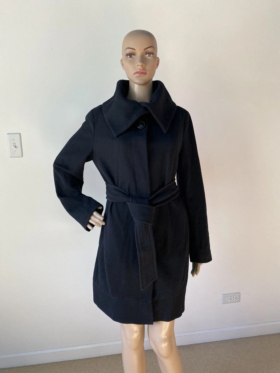 Nine West Black Wool Blend Coat Jacket Large Over-Sized Cowl Collar Belted  8 / M