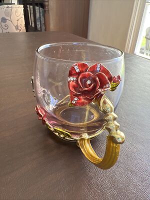 Ornate Metal Enamel RED ROSE Butterfly Glass Tea Mug ARC of France