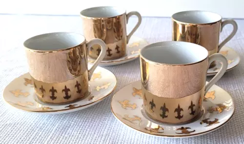 Vintage Espresso Demitasse Cups and Saucer Fleur-de-lis Frenchl Gold Set 4