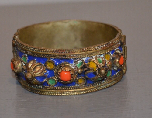 Bracelet Manchette Berbère Ancien En Argent - Maghreb, Poinçonné, Style Ethnique Vintage Saphir Bague