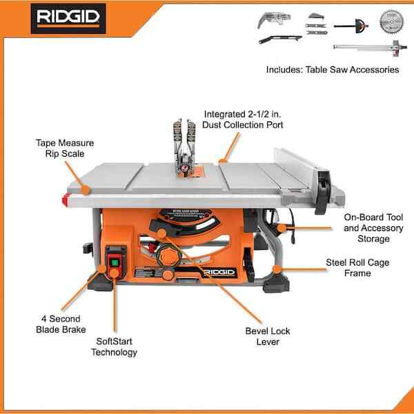 RIDGID Stationary Table Saw 15 Amp 10 in. Bench Carbide Blade Corded