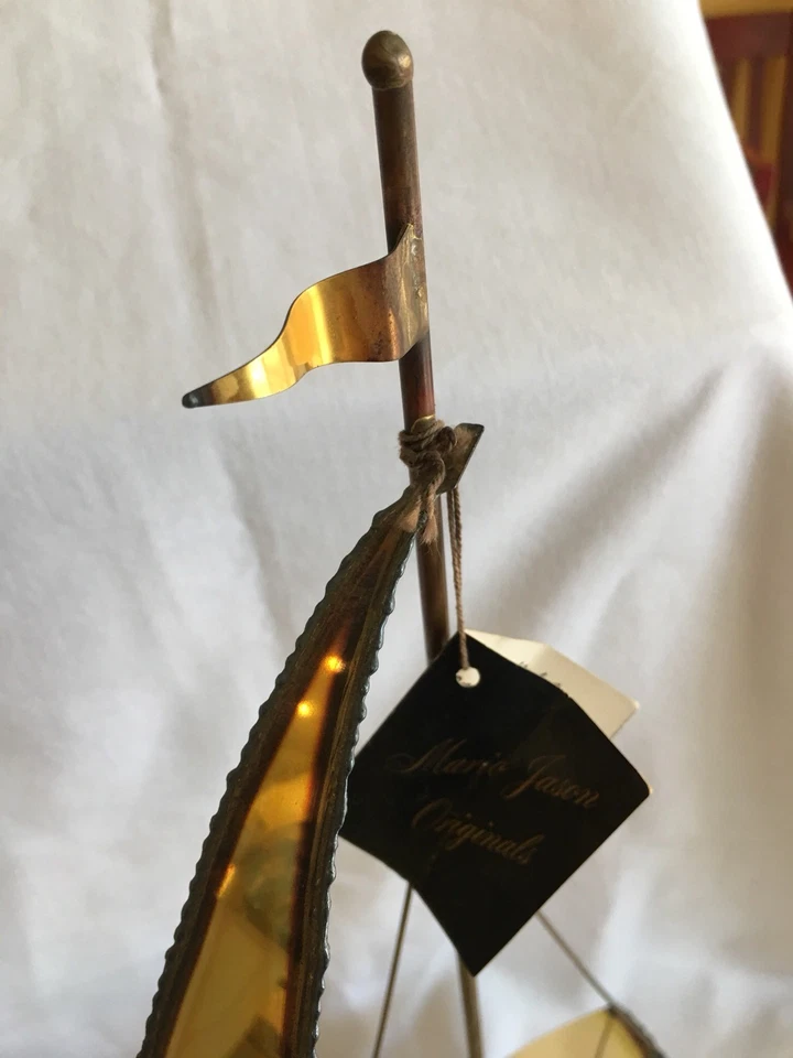 2 Vintage Brass Sailboats Mid Century Modern Mario Jason Nautical Onyx Stone - Image 3 of 4